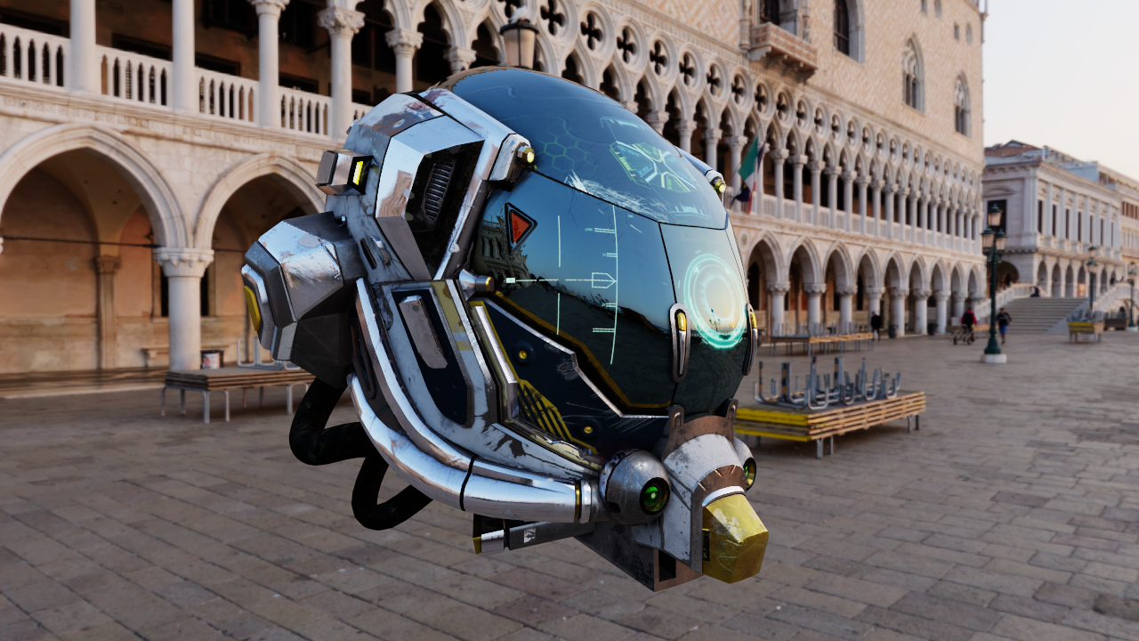 Damaged Helmet glTF asset rendered in Koji