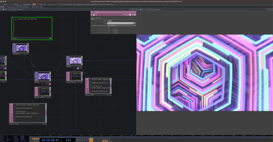 TouchDesigner network showing a luminous pink, blue, and green hexagonal tunnel