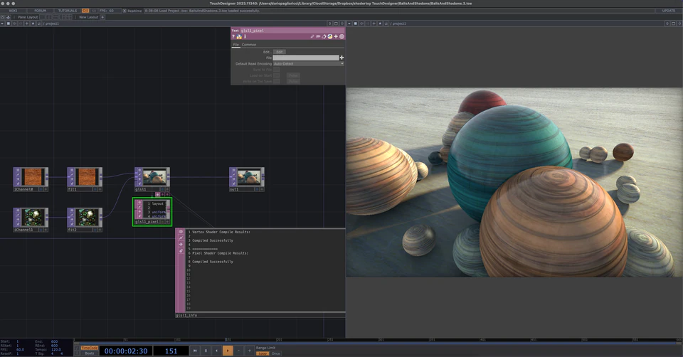 TouchDesigner network showing a render of layered wooden and teal spheres