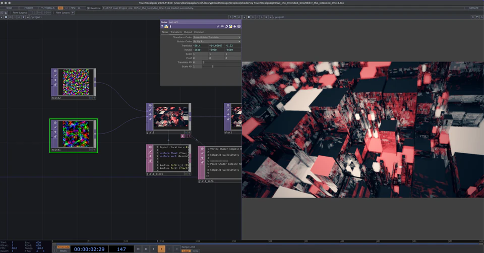 TouchDesigner network showing a red, white, and black fractured geometric render
