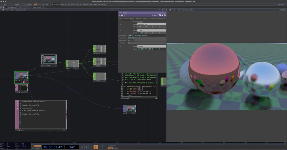TouchDesigner network showing pink and blue reflective spheres over a green grid