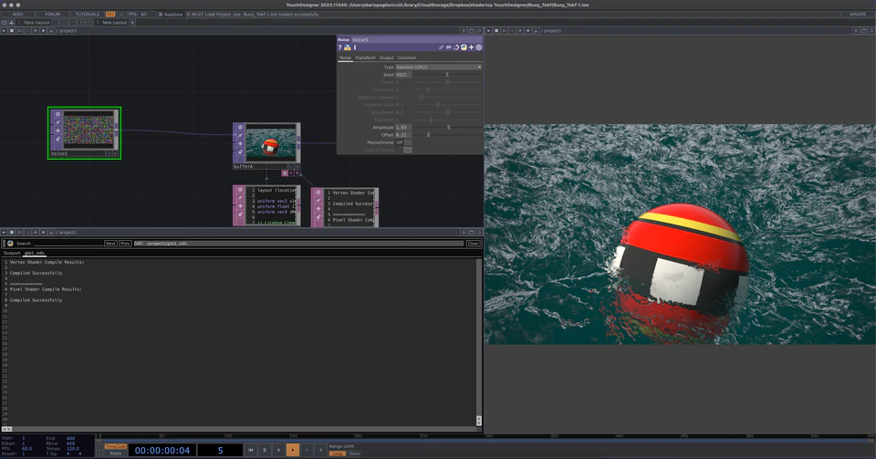 TouchDesigner network showing a red, yellow, and black buoy-like sphere on textured water