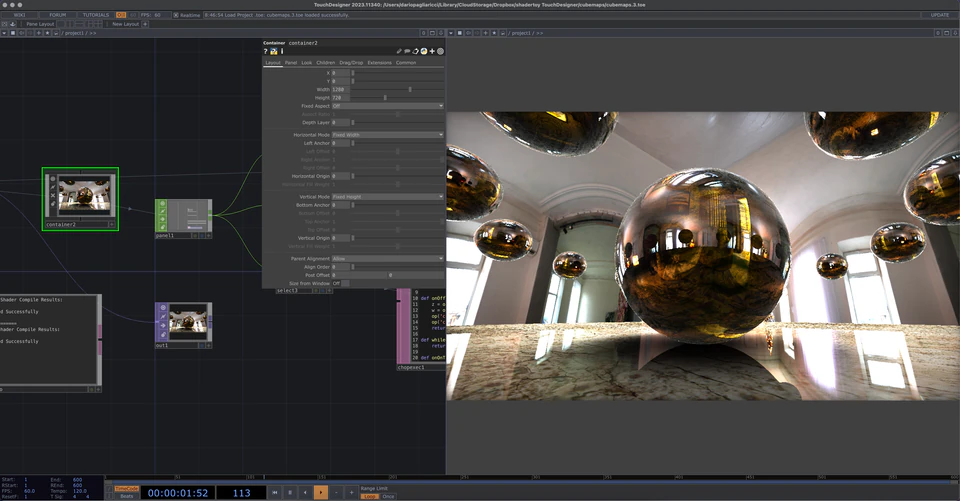 TouchDesigner network showing reflective metallic spheres in a bright interior