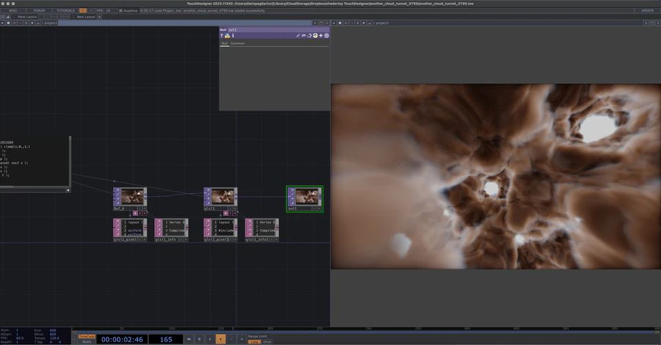 TouchDesigner network showing a cloudy brown organic texture