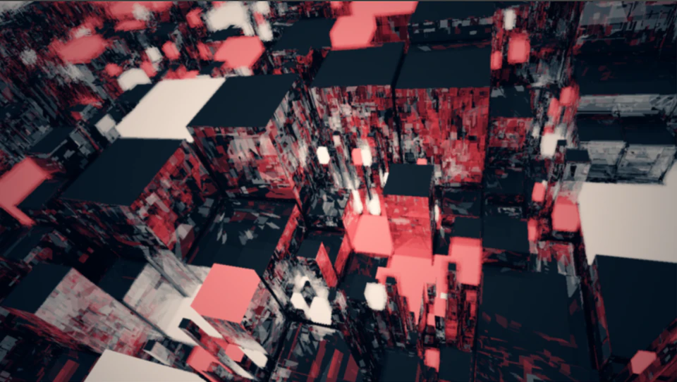 Close render of fractured red, white, and black geometric blocks