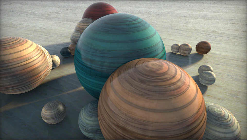 Close render of layered wooden and teal spheres on a pale surface