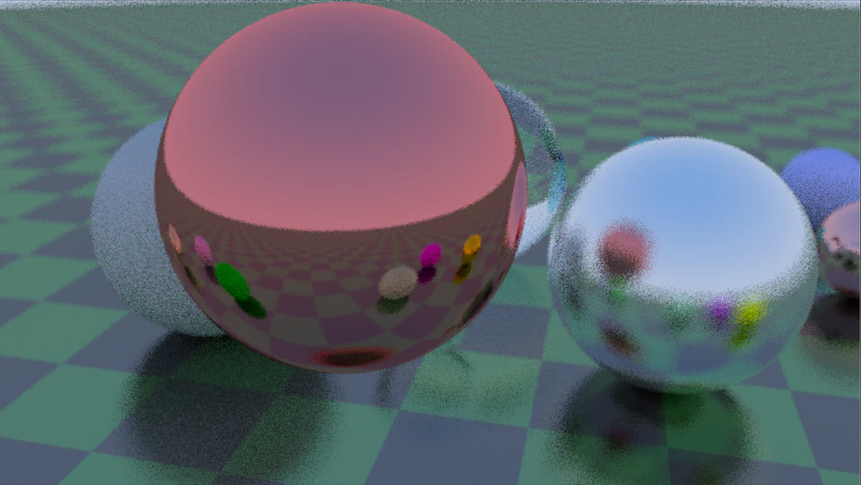 Close render of pink and blue reflective spheres on a green checkerboard