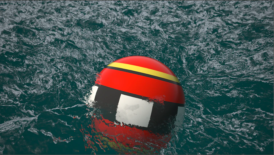Close render of a red, yellow, and black buoy-like sphere on rippling water