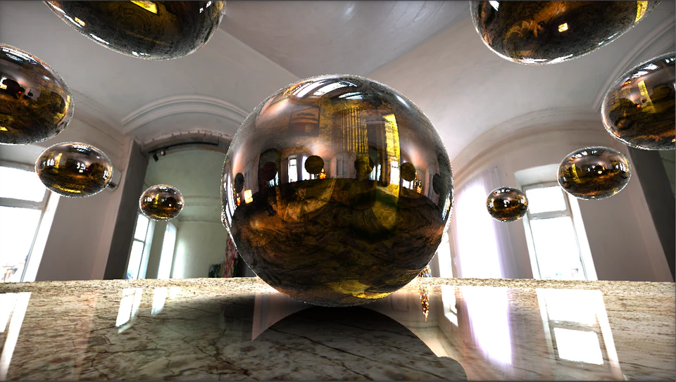 Close render of a large reflective sphere in a bright room surrounded by smaller spheres