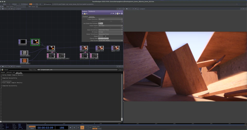 TouchDesigner network showing angular wooden forms lit by warm light