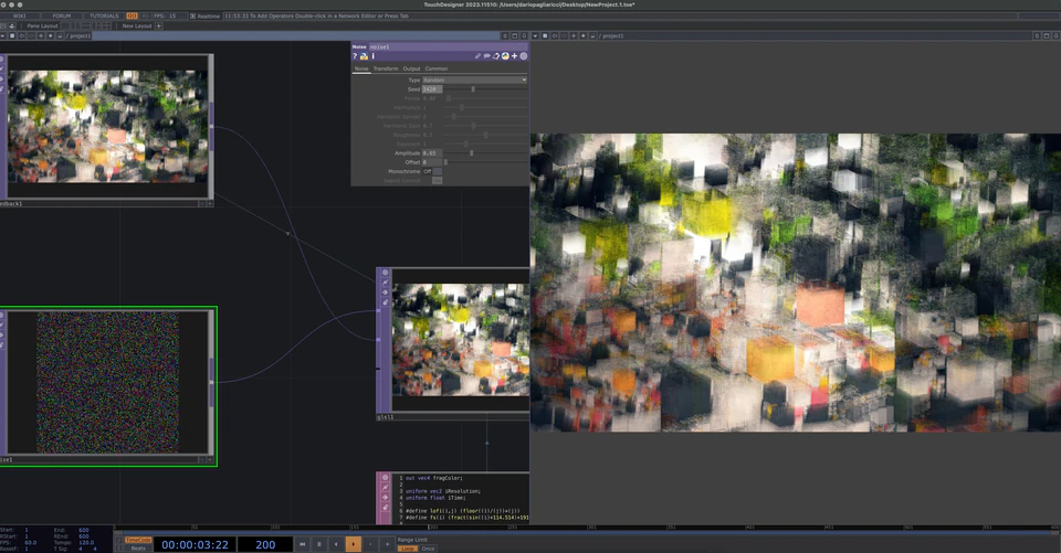 TouchDesigner network showing a soft-focus mosaic of small colored blocks