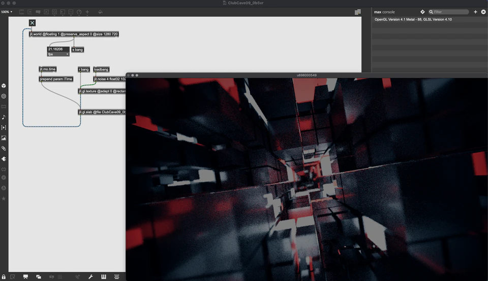 Max/MSP/Jitter patcher beside a dark render of red, white, and black geometric blocks