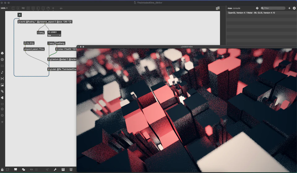 Max/MSP/Jitter patcher beside a close render of red, white, and black geometric blocks