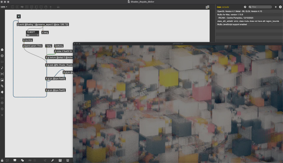 Max/MSP/Jitter patcher beside a hazy field of small beige, gray, and yellow blocks