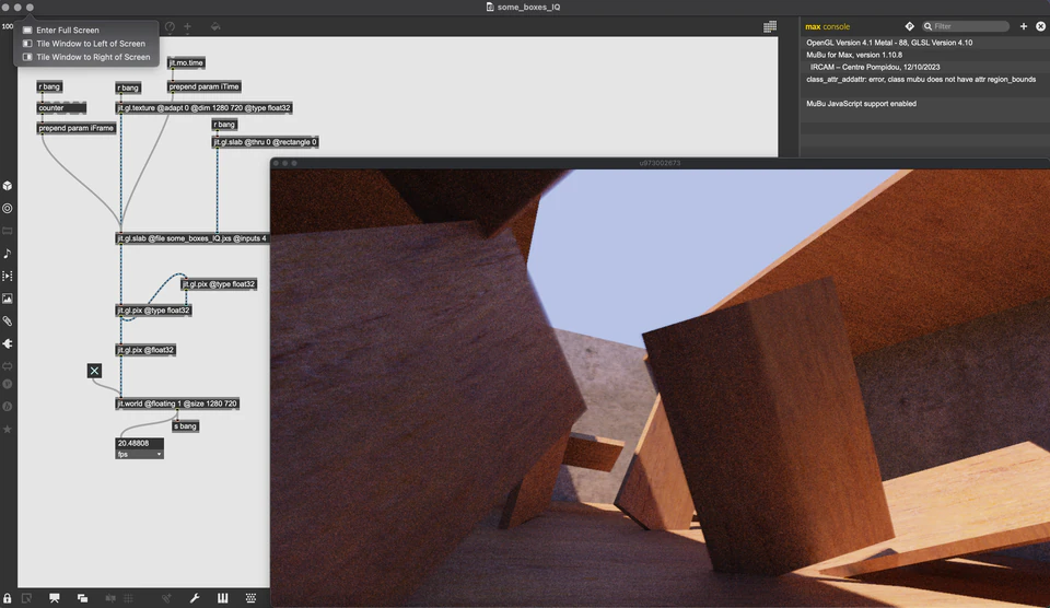 Max/MSP/Jitter patcher beside an angular wooden scene under a pale blue sky