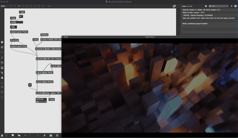 Max/MSP/Jitter patcher beside a dark field of cuboid forms lit with blue and amber light