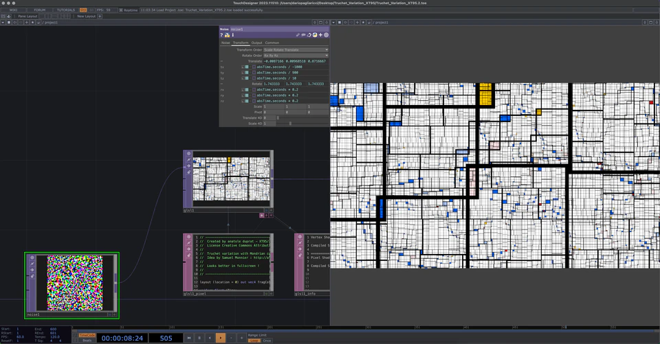 Max/MSP/Jitter patcher showing a dense black-and-white rectilinear grid with colored marks