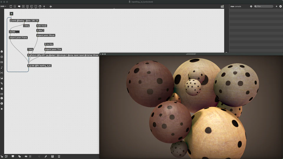 Max/MSP/Jitter patcher beside five tan spheres covered with dark circular spots