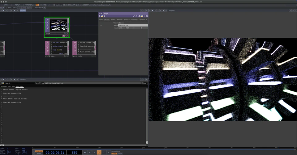 TouchDesigner network showing a high-contrast black, white, and violet radial tunnel