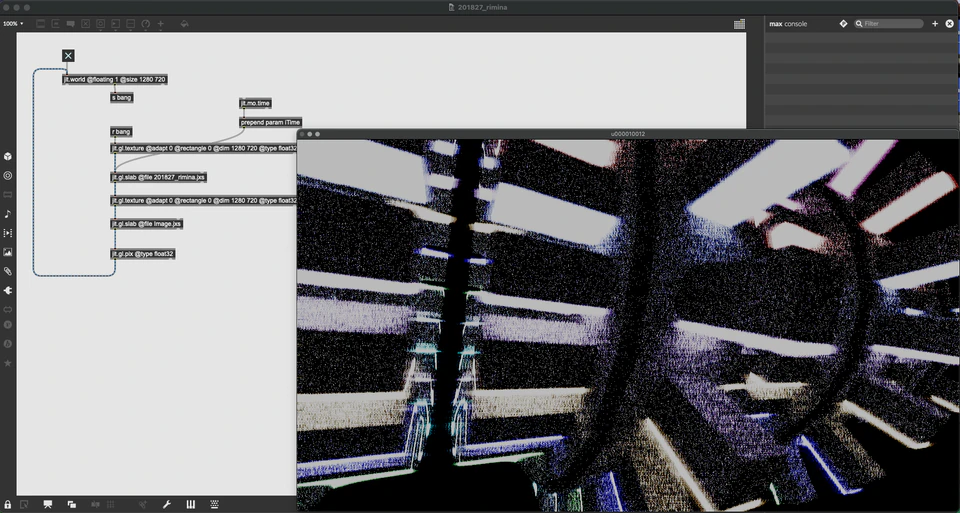 Max/MSP/Jitter patcher beside a close black-and-white radial tunnel with violet highlights