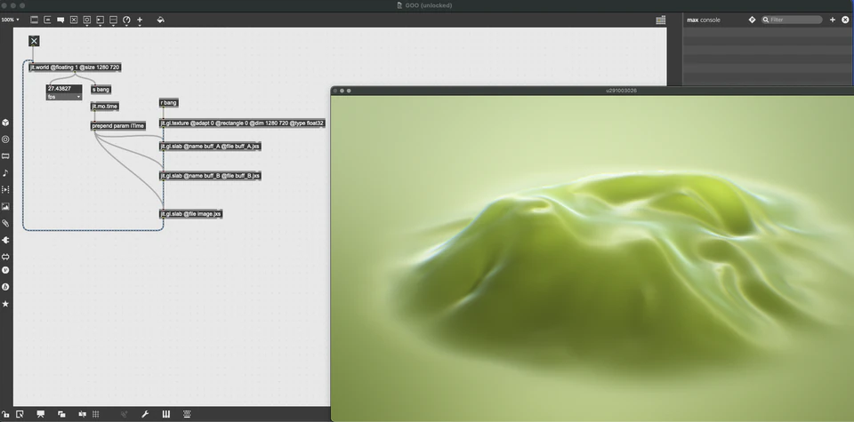 Max/MSP/Jitter patcher beside a softly lit green fluid-looking form