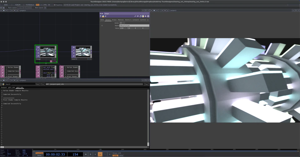 TouchDesigner network showing a bright black-and-white radial passage