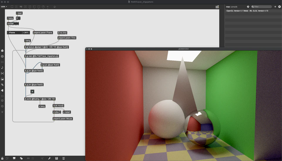 Max/MSP/Jitter patcher beside a colorful room with a white sphere and checkerboard floor