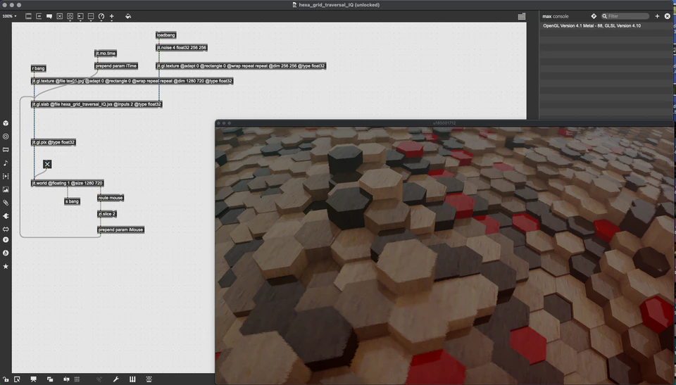 Max/MSP/Jitter patcher beside a field of hexagonal blocks with a few red accents