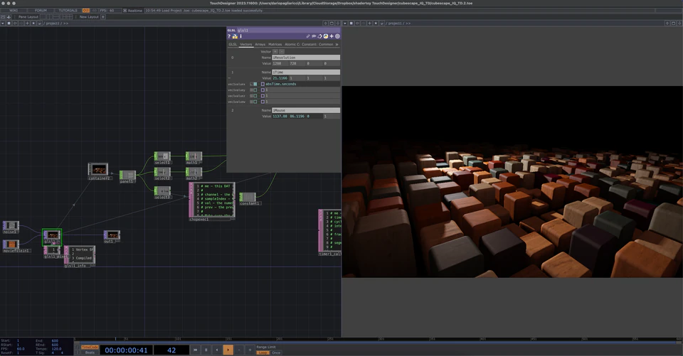 TouchDesigner network showing a warm-lit field of cuboid forms