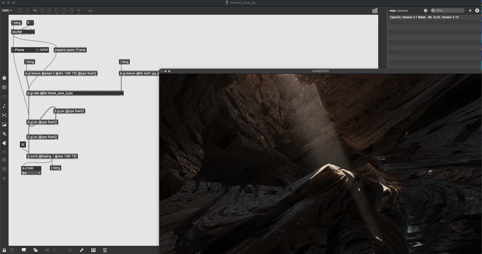 Max/MSP/Jitter patcher beside a dark rocky landscape with a narrow bright opening
