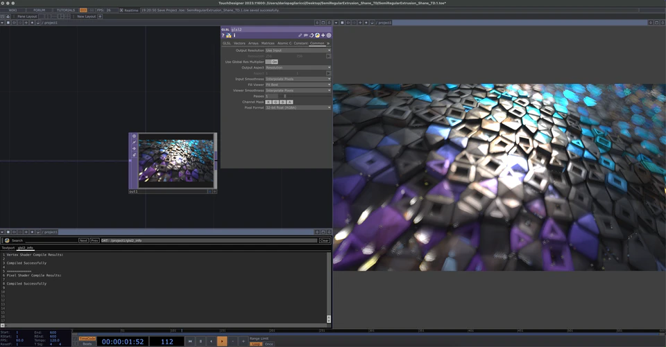 TouchDesigner network showing a reflective blue and violet tiled surface
