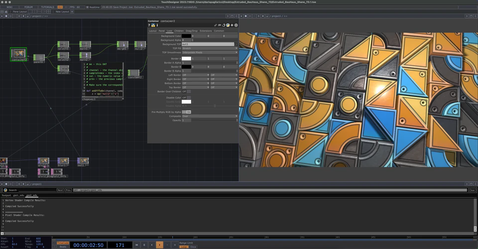TouchDesigner network showing a colorful pattern of outlined geometric shapes