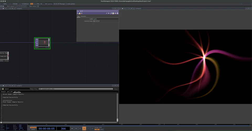 TouchDesigner network showing magenta and orange light trails on black
