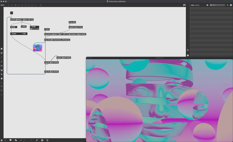 Max/MSP/Jitter patcher beside pastel pink, blue, and green rounded forms