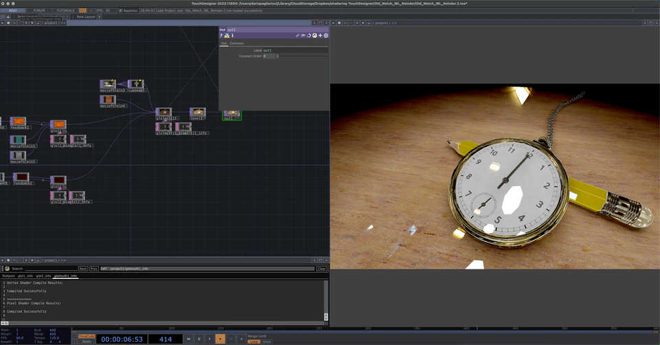 TouchDesigner network showing a wristwatch on a wooden surface
