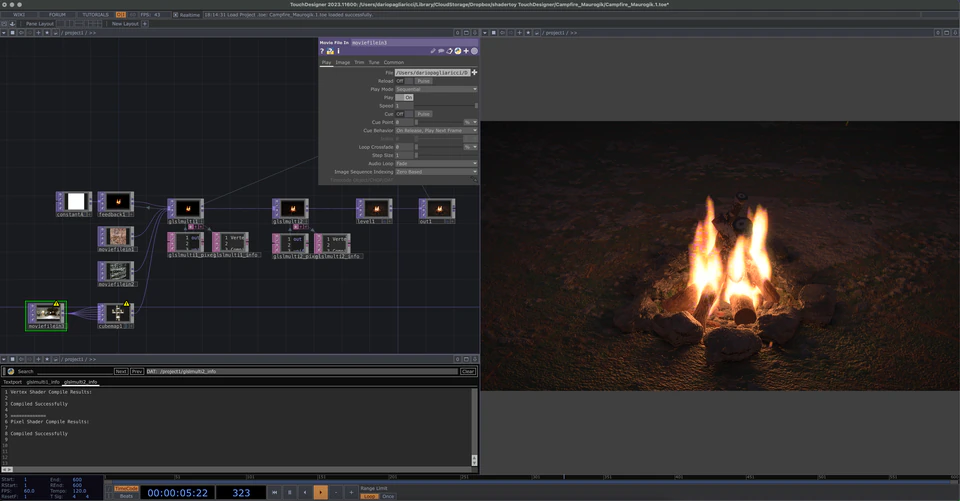 TouchDesigner network showing a small campfire on dark ground