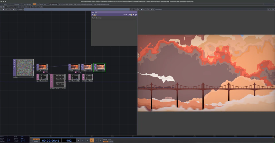 TouchDesigner network showing a stylized bridge beneath a warm layered sky