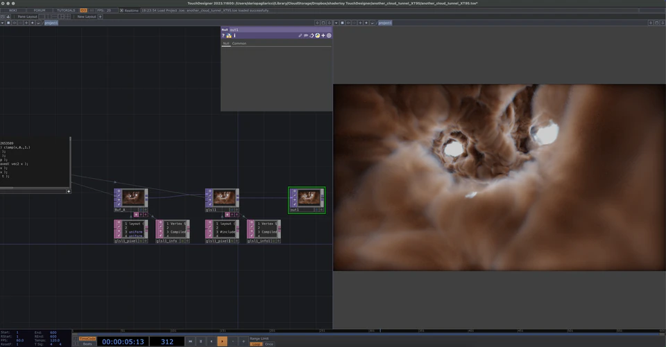TouchDesigner network showing a cloudy brown organic texture
