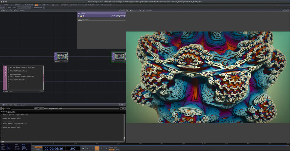 TouchDesigner network showing an ornate multicolored layered form