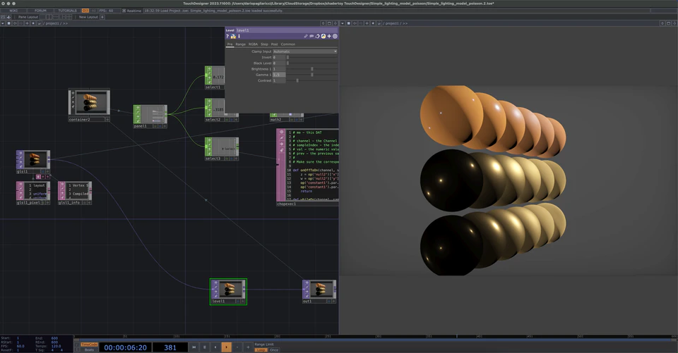 TouchDesigner network showing three rows of glossy tan and black spheres