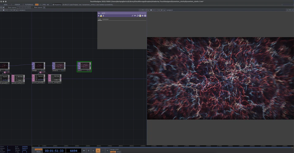 TouchDesigner network showing a dense red, blue, and white organic texture