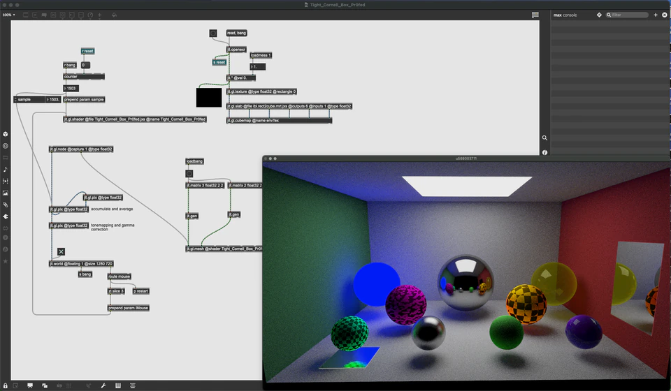 Max/MSP/Jitter patcher beside a colorful room filled with glossy spheres