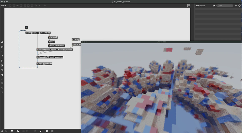 Max/MSP/Jitter patcher beside a blurred field of white, blue, and red voxel-like blocks