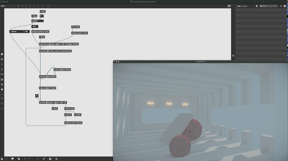 Max/MSP/Jitter patcher beside a pale corridor scene with a sphere and rectangular forms
