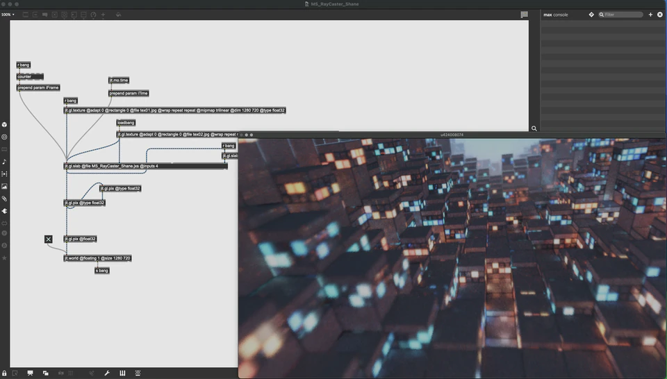 Max/MSP/Jitter patcher beside a blurred blue and orange field of block-like forms