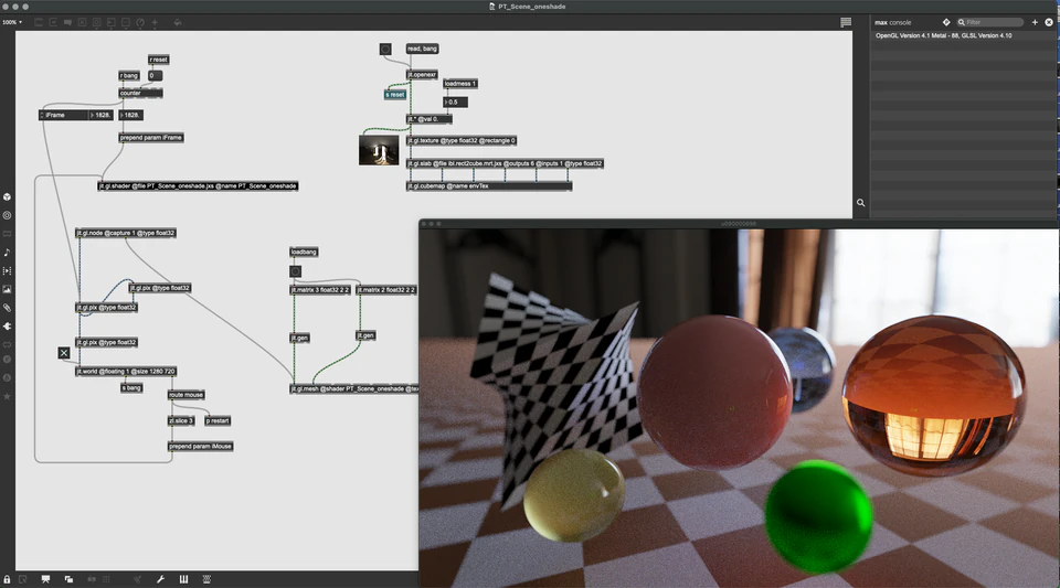 Max/MSP/Jitter patcher beside a colorful room with glossy spheres and a checkerboard floor
