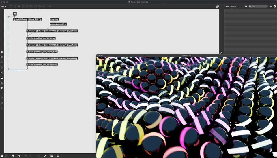 Max/MSP/Jitter patcher with a colorful field of overlapping circular forms.