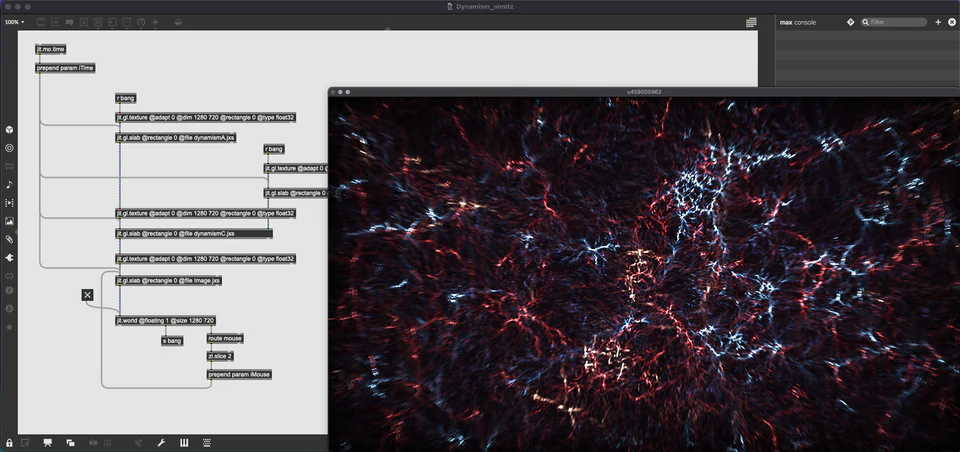 Max/MSP/Jitter patcher with a dark red-and-blue fibrous abstract render.