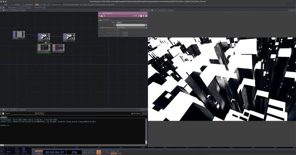 TouchDesigner network showing a high-contrast field of floating black-and-white geometric blocks.