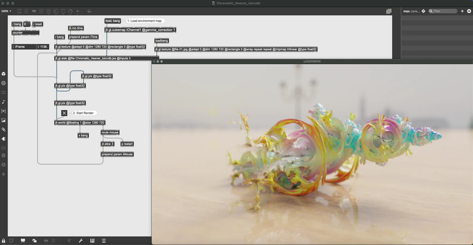 Max/MSP/Jitter patcher with a translucent multicolored abstract form on a pale surface.